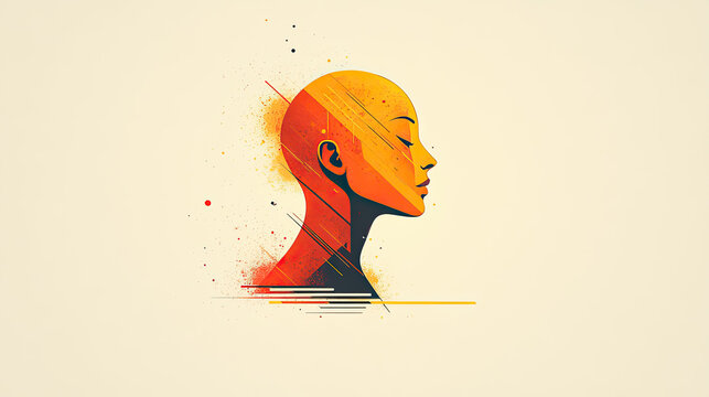 Abstract Woman's Head Silhouette, Profile View, Pixelated Explosion Effect, Warm Colors, Minimalist Style