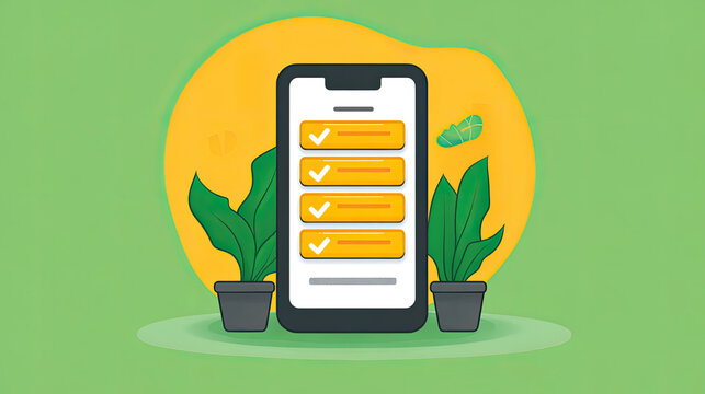 Mobile App To-Do List with Checkmarks and Greenery, Task Management Concept