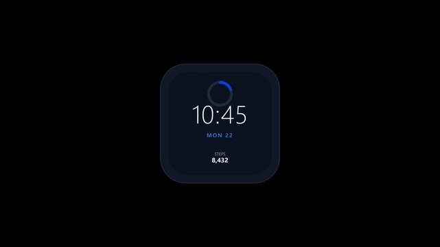 Futuristic Smartwatch Digital Interface Animation with Clock Date and Step Counter on Black Background