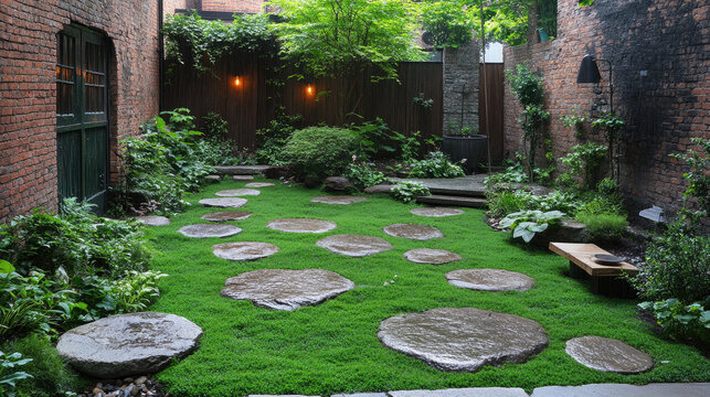 Tranquil Urban Courtyard Garden with Stepping Stones and Lush Greenery