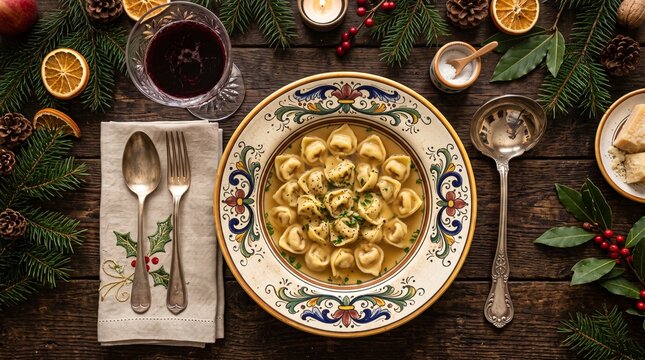 Top down view of festive Christmas dinner table with handmade tortellini in broth, red wine and holiday decorations