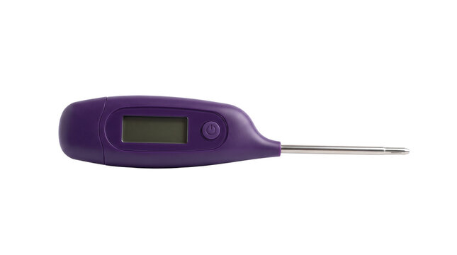 Digital thermometer with purple casing and LCD screen for measuring body temperature PNG Isolated on transparent background