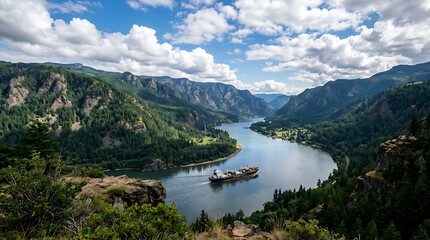 Fototapeta premium Large cargo ship sailing through a scenic river surrounded by mountains