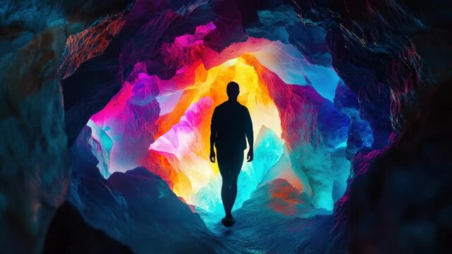 This captures a lone adventurer navigating through a mesmerizing cave filled with vibrant, colorful lights.