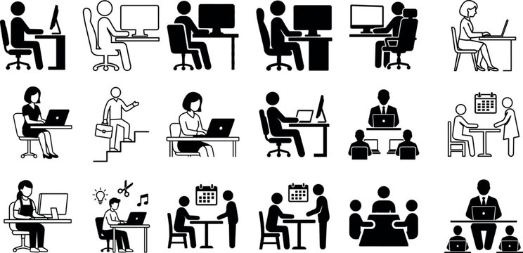 Office workplace computer users and business meeting stick figures black vector icons.