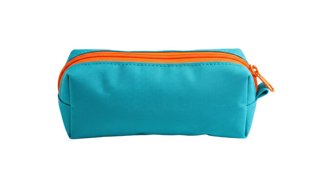 Teal pencil case with orange zipper and pull tab PNG Isolated on transparent background