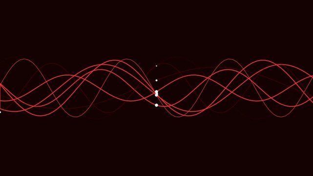 Abstract dynamic red wave lines motion graphic loop with white glowing particle movement.