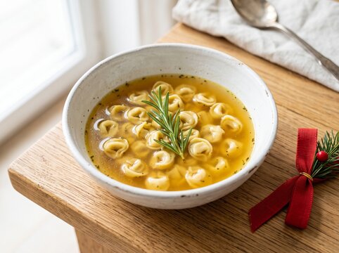 Minimalist presentation of tortellini in golden meat broth in a modern stoneware bowl with fresh rosemary
