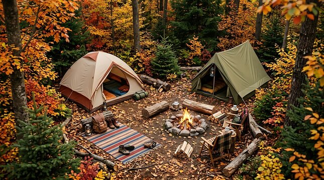 Cozy autumn camping site with two tents and a campfire in the woods