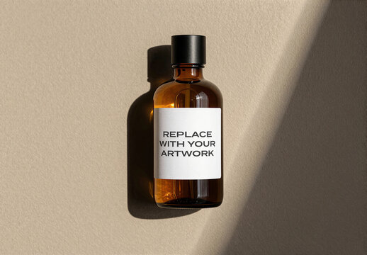 Glass bottle mockup with label template mounted on a textured wall, realistic product presentation directional lighting and shadow, packaging design display for branding or advertising