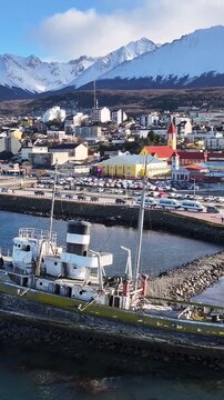 Saint Christopher Boat In Ushuaia Tierra Del Fuego Argentina. Capturing The Hustle And Bustle Of A Vibrant City From Above. Countryside Alps. Snow Covered Mountain. Ushuaia Tierra Del Fuego.