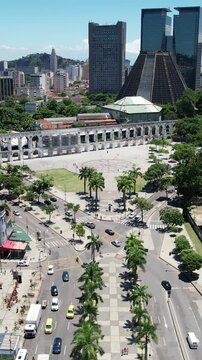 Arches Of Lapa In Rio De Janeiro Brazil. Aerial View Of A High-Rise Buildings And Traffic Showcasing Urban Life. Cities Of The World Landscape. Downtown Cityscape. Rio de Janeiro Brazil.