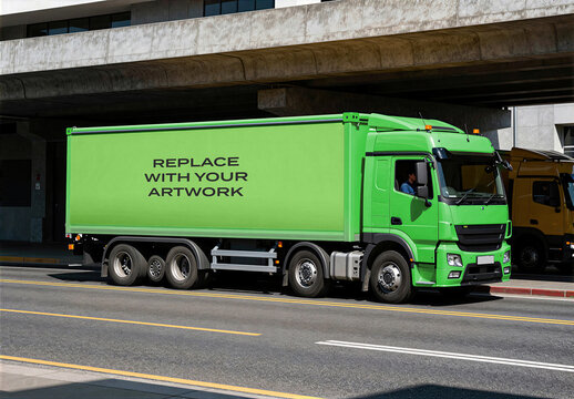 Semi truck mockup with blank trailer side panel displaying placeholder text, urban street scene under concrete overpass, commercial vehicle branding presentation