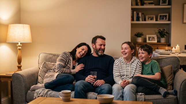 Happy family of four laughing together on a couch in a cozy living room at night