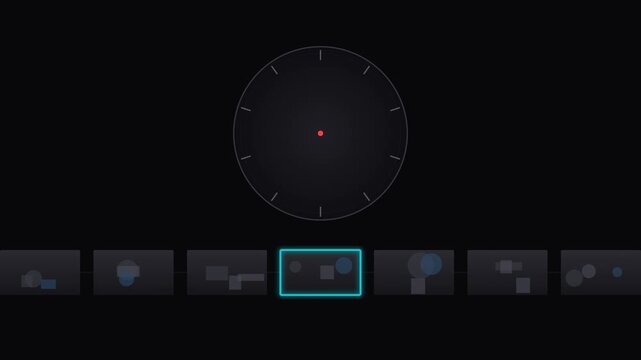 Modern Dark Mode User Interface with Interactive Selection Carousel and Minimalist Clock Dial Graphic