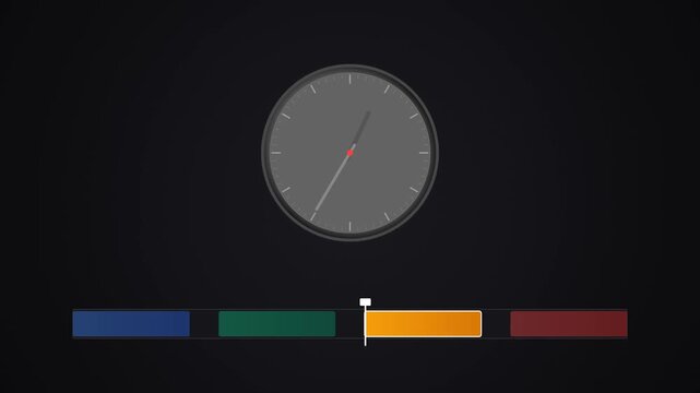 Minimalist Animation of a Fast Moving Analog Clock with a Color Coded Progress Bar Timeline