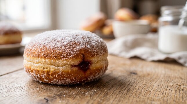 Close up of a sugar dusted jelly filled donut with a glass of milk in the background on a wooden table