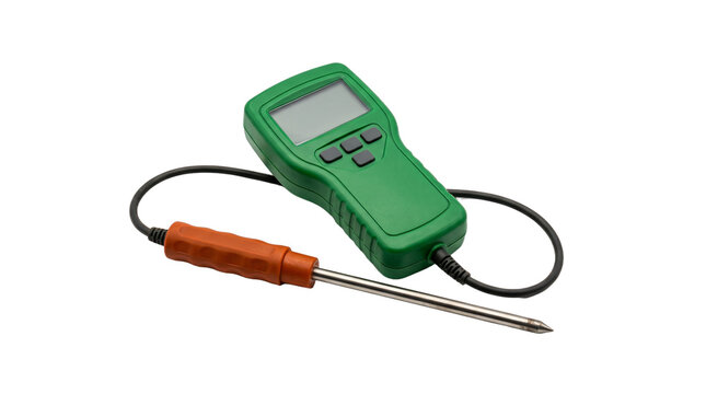 Green digital moisture meter with metal probe and orange handle for soil testing PNG Isolated on transparent background