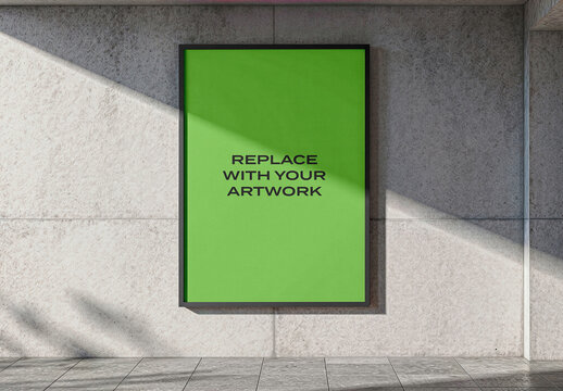 Vertical framed poster mockup displayed on a textured concrete wall in an interior space with natural light and tiled floor, Template, design, presentation