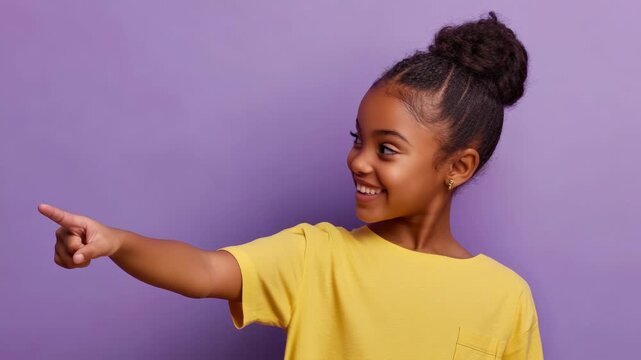 Smiling black girl pointing forward.