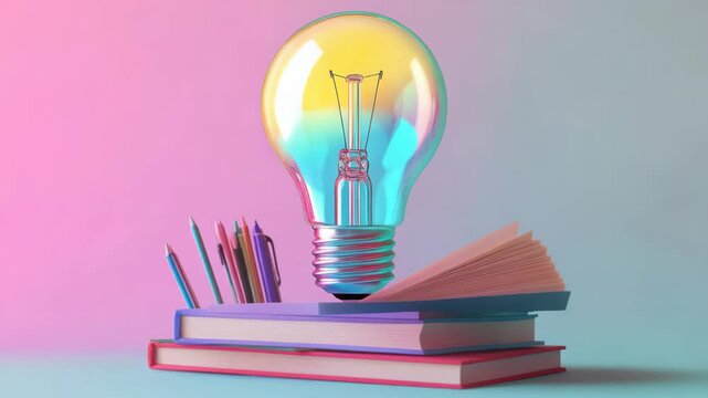A lightbulb with rainbow reflections on top of a stack of colorful books, symbolizing an idea's birth from a reading session.
