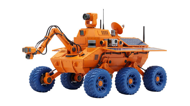 Advanced Orange Mars Rover with Robotic Arm and Solar Panels PNG Isolated on transparent background