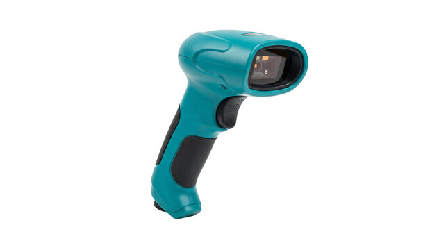 Modern Handheld Barcode Scanner Device in Teal and Black Colors PNG Isolated on transparent background
