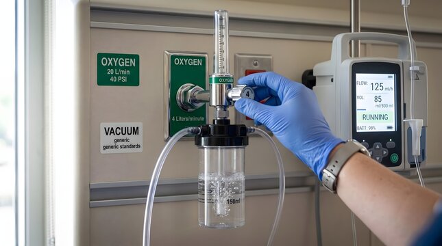 Medical personnel hand in blue glove adjusting oxygen flowmeter. Hospital respiratory equipment in patient room, for healthcare therapy.