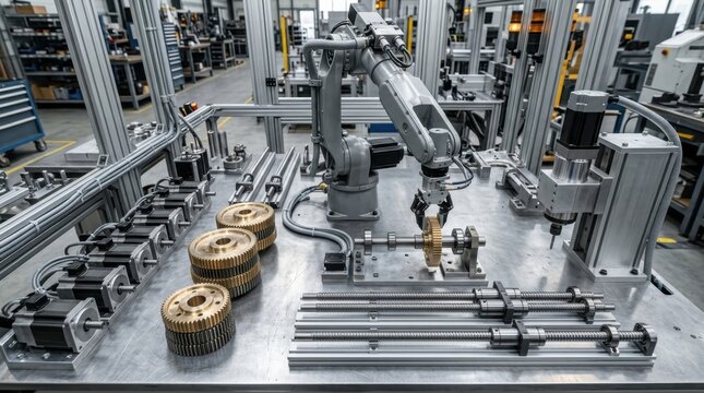 Robotic assembly cell with gear blanks, ball screws, servo motors, and CNC spindle module on a steel worktable.