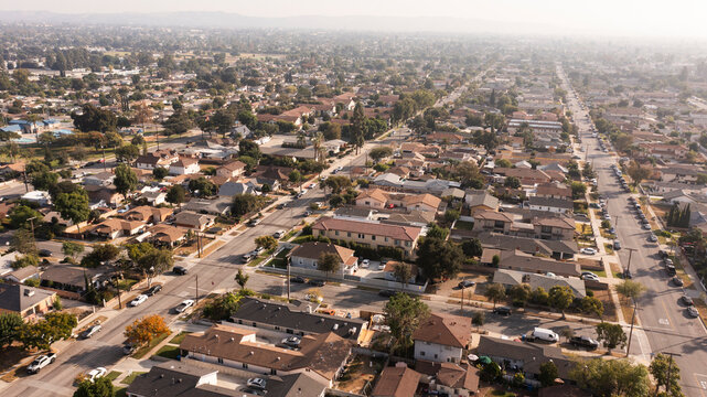 Sunset aerial view of a neighborhood near downtown Azusa, California, USA.