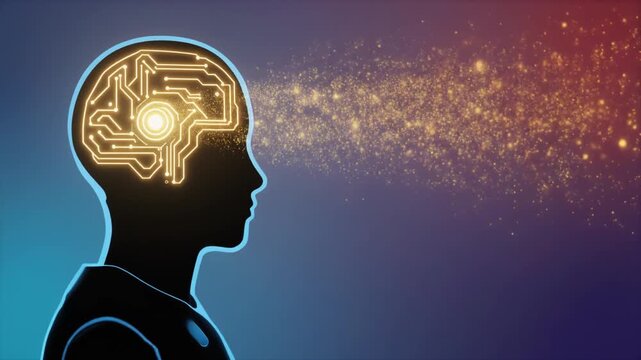 Profile Silhouette of Human Head with Glowing AI Brain Circuitry and Flowing Golden Particles, Educational Technology Background 1080p
