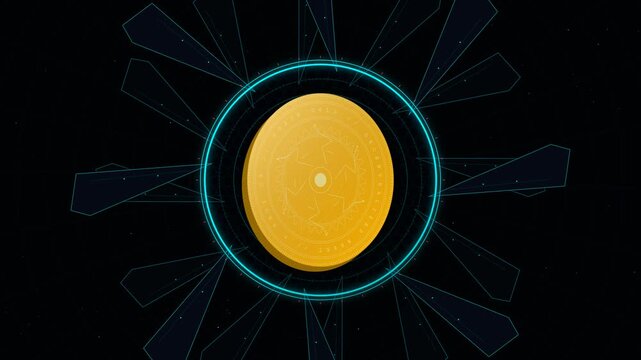 Conceptual animation of stealth inflation where a spinning gold coin dissolves into particles and transforms into a digital asset within a futuristic holographic interface