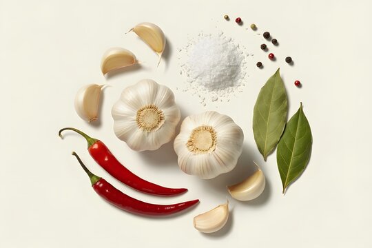 Garlic bulbs cloves red chili peppers salt bay leaves cooking ingredients