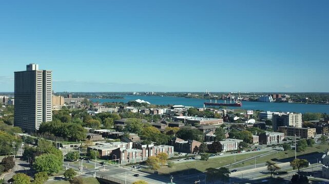 View of Detroit Neighborhood and Water From Above