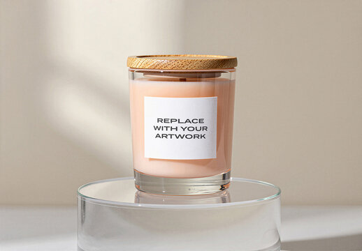 Candle jar mockup with wooden lid displayed on a clear glass stand, minimalist product presentation neutral beige background, soft natural lighting, interior studio setting