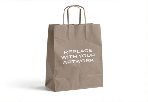 Paper shopping bag mockup with placeholder text on a white background, realistic retail packaging presentation, template for branding and graphic design, isolated product handle