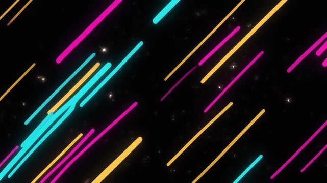 Seamless Loop of Abstract Neon Diagonal Lines Glowing in Pink Yellow and Blue, Cinematic Full HD Motion Background for Music