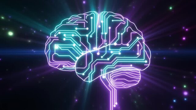 Glowing Neon Neural Network Circuit Brain with Flowing Particles in Dark Space, Artificial Intelligence and Cyberpunk Concept