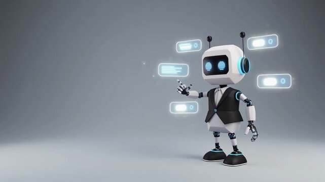 Stylized 3D Animated Robot in Tuxedo Interacting with Holographic Floating Digital Interface Icons, Cinematic Full HD Motion Graphic