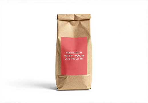 Vertical paper bag mockup with label placeholder on white background, product packaging template for food or retail branding presentation, commercial design display