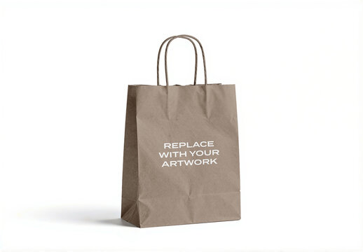 Paper shopping bag mockup with twisted handles and placeholder text on a white background, realistic packaging presentation for branding graphic design, commercial product display template