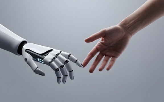 Robot hand and human hand reaching out to touch fingers gently with reaching
