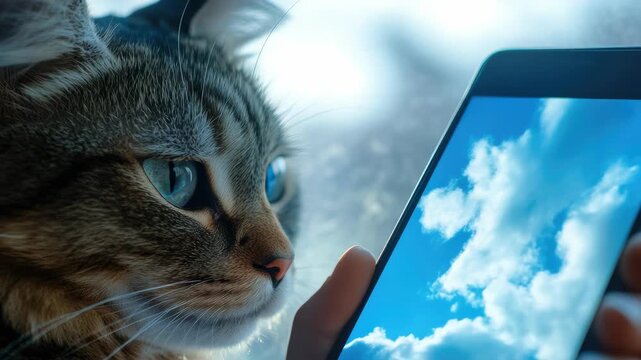 A tabby cat with mesmerizing eyes looks at a phone screen displaying a picture of a blue sky with fluffy clouds.