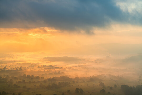 Morning mist with cloud inversion in Hope valley near Castleton. Peak District. England