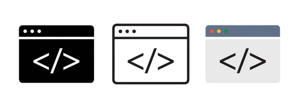 Coding Icons. Three stylized icons representing code or programming languages, displayed in black, white, and gray, offer a clear visual for digital development and software engineering.