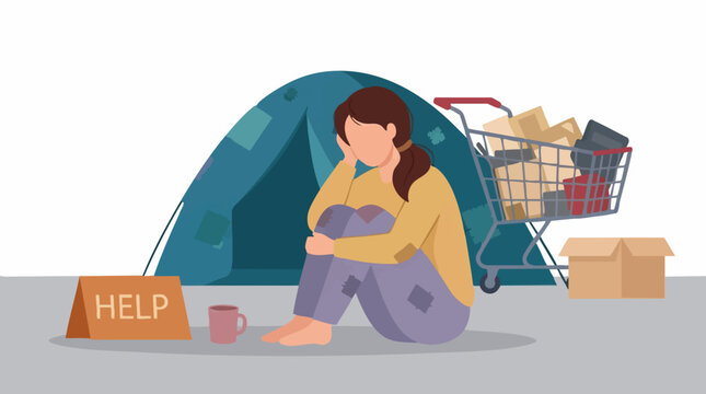 Homeless woman sitting on street next to tent and shopping cart with help sign
