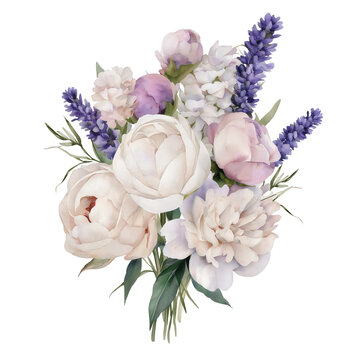 Pastel flower bouquet with peony, lavender, and greenery on transparent background