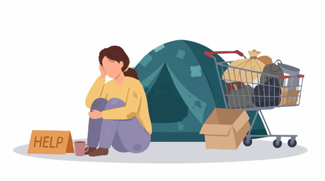 Homeless woman sitting by a tent with a shopping cart and 'HELP' sign