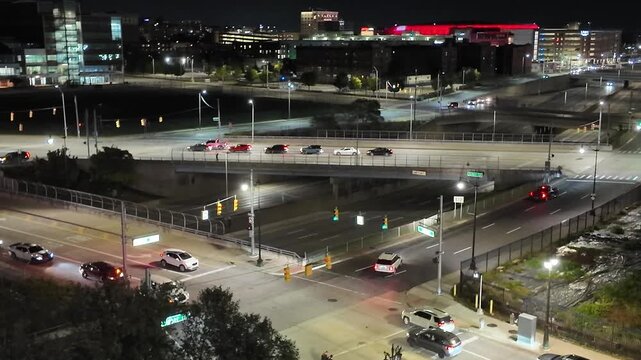Night View of Downtown Detroit Showing City Traffic Flow