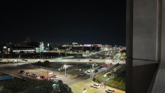 Wide Angle View of Nighttime Traffic in Detroit City USA